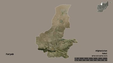 Afganistan eyaleti Faryab 'ın şekli, başkenti sağlam bir zemin üzerinde izole edilmiş. Uzaklık ölçeği, bölge önizlemesi ve etiketleri. Uydu görüntüleri. 3B görüntüleme