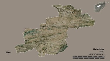 Afganistan 'ın Ghor eyaleti, başkenti sağlam arka planda izole edilmiş. Uzaklık ölçeği, bölge önizlemesi ve etiketleri. Uydu görüntüleri. 3B görüntüleme