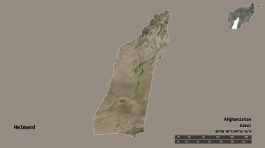 Helmand 'ın şekli, Afganistan vilayeti, sermayesi sağlam arka planda izole edilmiş. Uzaklık ölçeği, bölge önizlemesi ve etiketleri. Uydu görüntüleri. 3B görüntüleme
