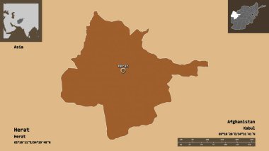 Herat 'ın şekli, Afganistan vilayeti ve başkenti. Uzaklık ölçeği, ön gösterimler ve etiketler. Desenli dokuların bileşimi. 3B görüntüleme