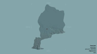 Afganistan 'ın Jowzjan bölgesi, jeoreferatlı bir sınır kutusunda sağlam bir arka planda izole edilmiş. Etiketler. Renkli yükseklik haritası. 3B görüntüleme