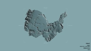 Kabil bölgesi, Afganistan vilayeti, jeoreferatlı bir sınır kutusunda sağlam bir arka planda izole edilmiş. Etiketler. Renkli yükseklik haritası. 3B görüntüleme