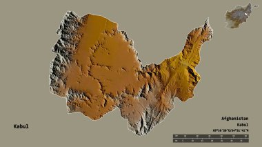 Afganistan eyaleti Kabil 'in şekli, başkenti sağlam bir arka planda izole edilmiş. Uzaklık ölçeği, bölge önizlemesi ve etiketleri. Topografik yardım haritası. 3B görüntüleme