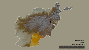 Başkenti, ana bölgesel bölümü ve ayrılmış Kandahar bölgesi ile Afganistan 'ın dejenere edilmiş şekli. Etiketler. Topografik yardım haritası. 3B görüntüleme