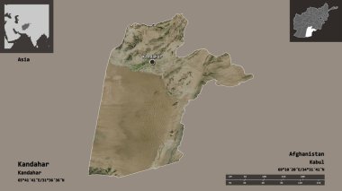 Kandahar 'ın şekli, Afganistan vilayeti ve başkenti. Uzaklık ölçeği, ön gösterimler ve etiketler. Uydu görüntüleri. 3B görüntüleme