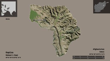 Kapisa 'nın şekli, Afganistan vilayeti ve başkenti. Uzaklık ölçeği, ön gösterimler ve etiketler. Uydu görüntüleri. 3B görüntüleme