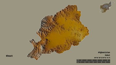 Afganistan 'ın Khost eyaleti, başkenti sağlam bir zemin üzerinde izole edilmiş. Uzaklık ölçeği, bölge önizlemesi ve etiketleri. Topografik yardım haritası. 3B görüntüleme