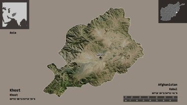 Afganistan vilayeti ve başkenti Khost 'un şekli. Uzaklık ölçeği, ön gösterimler ve etiketler. Uydu görüntüleri. 3B görüntüleme