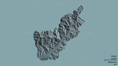 Kunar bölgesi, Afganistan vilayeti, jeoreferatlı bir sınır kutusunda sağlam bir arka planda izole edilmiş. Etiketler. Renkli yükseklik haritası. 3B görüntüleme