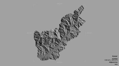 Kunar bölgesi, Afganistan vilayeti, jeoreferatlı bir sınır kutusunda sağlam bir arka planda izole edilmiş. Etiketler. Çift seviyeli yükseklik haritası. 3B görüntüleme