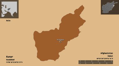Kunar 'ın şekli, Afganistan vilayeti ve başkenti. Uzaklık ölçeği, ön gösterimler ve etiketler. Desenli dokuların bileşimi. 3B görüntüleme