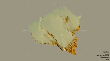 Afganistan 'ın Kunduz bölgesi, katı bir arka planda izole edilmiş bir sınır kutusunda. Etiketler. Topografik yardım haritası. 3B görüntüleme