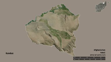 Afganistan 'ın Kunduz bölgesi, başkenti sağlam bir zemin üzerinde izole edilmiş. Uzaklık ölçeği, bölge önizlemesi ve etiketleri. Uydu görüntüleri. 3B görüntüleme