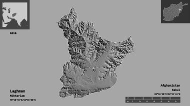 Afganistan vilayeti ve başkenti Laghman 'ın şekli. Uzaklık ölçeği, ön gösterimler ve etiketler. Çift seviyeli yükseklik haritası. 3B görüntüleme