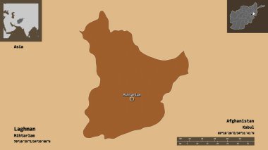 Afganistan vilayeti ve başkenti Laghman 'ın şekli. Uzaklık ölçeği, ön gösterimler ve etiketler. Desenli dokuların bileşimi. 3B görüntüleme