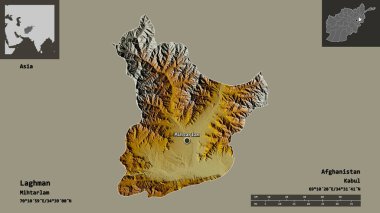 Afganistan vilayeti ve başkenti Laghman 'ın şekli. Uzaklık ölçeği, ön gösterimler ve etiketler. Topografik yardım haritası. 3B görüntüleme