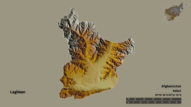 Afganistan 'ın başkenti sağlam bir zemine sahip olan Laghman' ın şekli. Uzaklık ölçeği, bölge önizlemesi ve etiketleri. Topografik yardım haritası. 3B görüntüleme