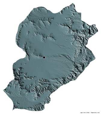 Afganistan 'ın başkenti beyaz arka planda izole edilmiş, Logar' ın şekli. Renkli yükseklik haritası. 3B görüntüleme