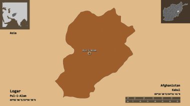 Logar 'ın şekli, Afganistan vilayeti ve başkenti. Uzaklık ölçeği, ön gösterimler ve etiketler. Desenli dokuların bileşimi. 3B görüntüleme