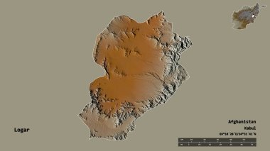 Logar 'ın şekli, Afganistan vilayeti, sermayesi sağlam arka planda izole edilmiş. Uzaklık ölçeği, bölge önizlemesi ve etiketleri. Topografik yardım haritası. 3B görüntüleme
