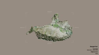 Afganistan 'ın Nangarhar bölgesindeki bölge, jeoreferatlı bir sınır kutusunun sağlam bir arka planında izole edilmiş. Etiketler. Uydu görüntüleri. 3B görüntüleme
