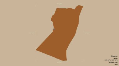 Afganistan 'ın Nimruz bölgesi, jeoreferatlı bir sınır kutusunda sağlam bir arka planda izole edilmiş. Etiketler. Desenli dokuların bileşimi. 3B görüntüleme