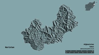 Afganistan 'ın Nuristan eyaleti, başkenti sağlam bir arka planda izole edilmiş. Uzaklık ölçeği, bölge önizlemesi ve etiketleri. Renkli yükseklik haritası. 3B görüntüleme