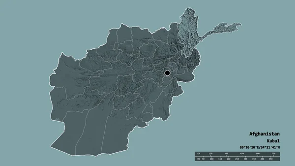 主要な地域部門と分離されたバダフシャン地域を持つアフガニスタンの荒廃した形 ラベル 色の標高マップ 3Dレンダリング — ストック写真