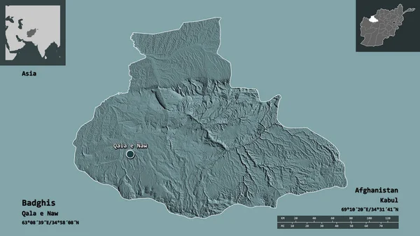 阿富汗省巴德吉斯的形状及其首都 距离刻度 预览和标签 彩色高程图 3D渲染 — 图库照片