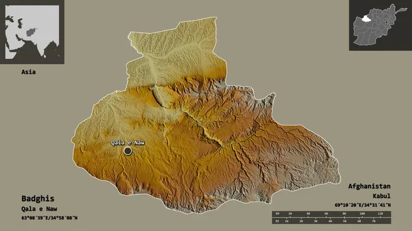 アフガニスタンの州であるバジギスとその首都の形 距離スケール プレビューおよびラベル 地形図 3Dレンダリング — ストック写真