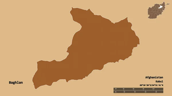 アフガニスタンの州 バグランの形は その資本がしっかりとした背景に隔離されています 距離スケール リージョンプレビュー およびラベル パターン化されたテクスチャの構成 3Dレンダリング — ストック写真