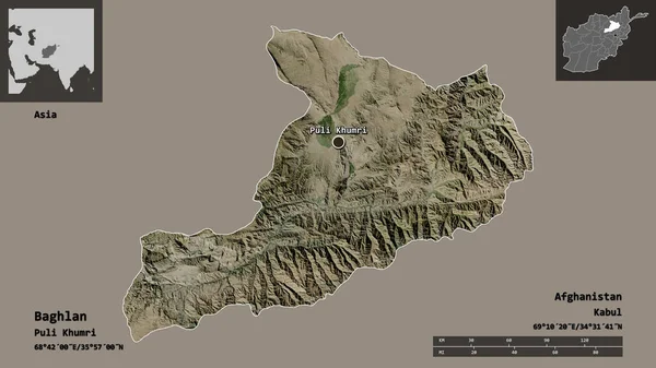 アフガニスタンの州バグランとその首都の形 距離スケール プレビューおよびラベル 衛星画像 3Dレンダリング — ストック写真