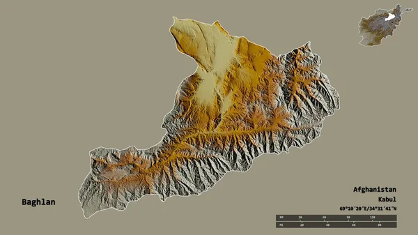 阿富汗省巴格兰的形状 其首都在坚实的背景下与世隔绝 距离尺度 区域预览和标签 地形浮雕图 3D渲染 — 图库照片