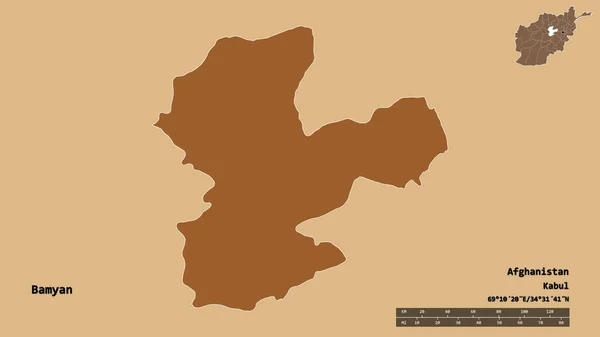 阿富汗巴米扬省的形状 其首都在坚实的背景下与世隔绝 距离尺度 区域预览和标签 图形纹理的组成 3D渲染 — 图库照片
