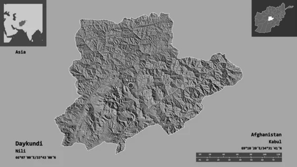 アフガニスタン共和国の州都ダクンディの形 距離スケール プレビューおよびラベル 標高マップ 3Dレンダリング — ストック写真