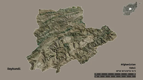 アフガニスタンの州であるDaykundiの形は その首都をしっかりとした背景に隔離されています 距離スケール リージョンプレビュー およびラベル 衛星画像 3Dレンダリング — ストック写真