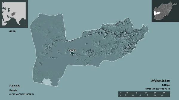 阿富汗省法拉赫的形状及其首都 距离刻度 预览和标签 彩色高程图 3D渲染 — 图库照片