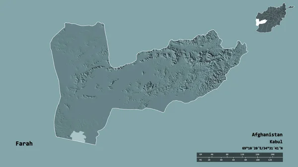 阿富汗省法拉赫的形状 其首都在坚实的背景下与世隔绝 距离尺度 区域预览和标签 彩色高程图 3D渲染 — 图库照片