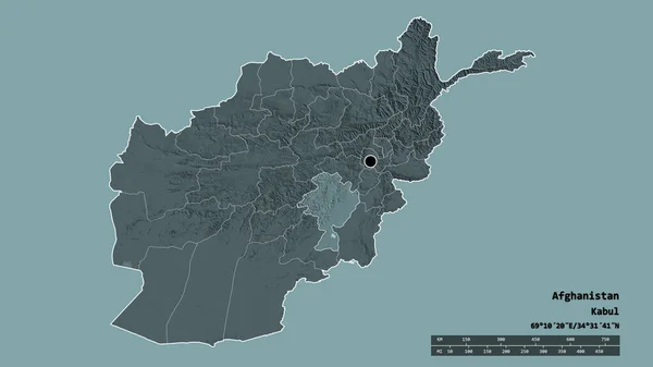 以首都 主要区域分部和分离的加兹尼地区为首都的阿富汗的绝望状态 彩色高程图 3D渲染 — 图库照片