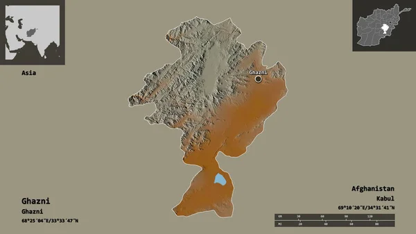 阿富汗省加兹尼的形状及其首都 距离刻度 预览和标签 地形浮雕图 3D渲染 — 图库照片