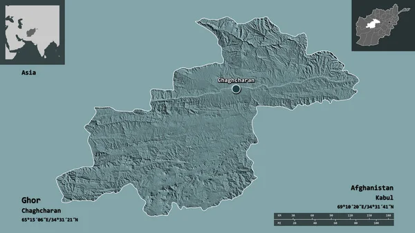 阿富汗古尔省的形状及其首都 距离刻度 预览和标签 彩色高程图 3D渲染 — 图库照片