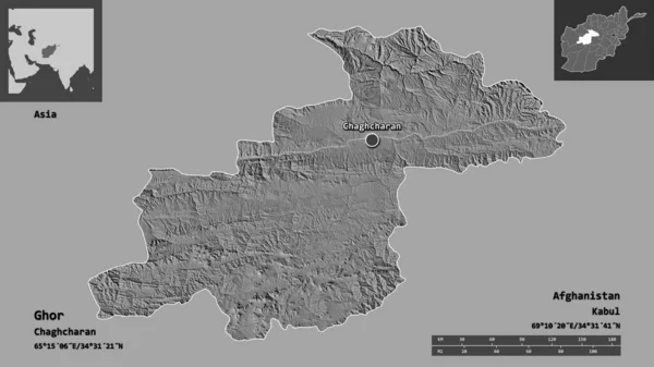 Kształt Ghor Prowincji Afganistan Jej Stolicy Skala Odległości Zapowiedzi Etykiety — Zdjęcie stockowe