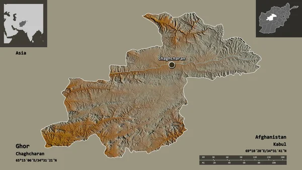阿富汗古尔省的形状及其首都 距离刻度 预览和标签 地形浮雕图 3D渲染 — 图库照片