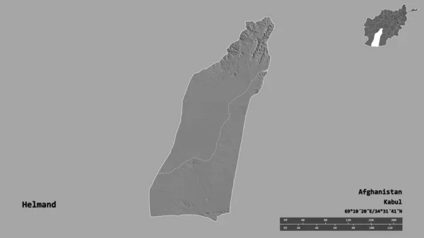 阿富汗省赫尔曼德的形状 其首都在坚实的背景下与世隔绝 距离尺度 区域预览和标签 Bilevel高程图 3D渲染 — 图库照片