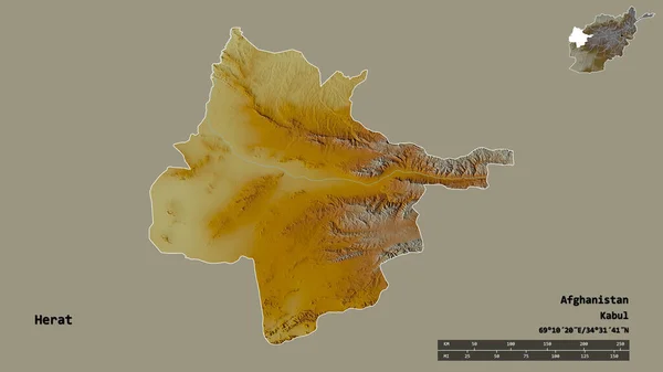 アフガニスタンの州であるヘラートの形で その首都はしっかりとした背景に隔離されています 距離スケール リージョンプレビュー およびラベル 地形図 3Dレンダリング — ストック写真