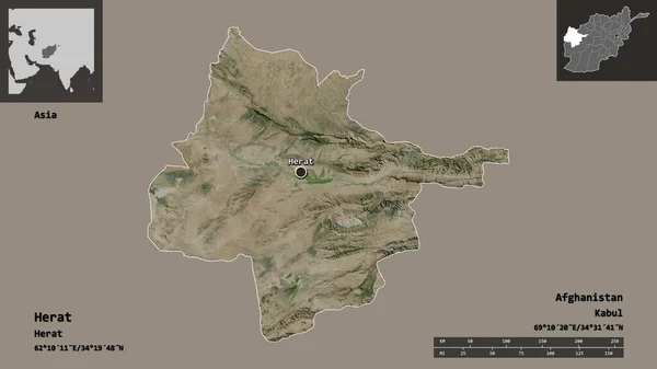 ヘラート アフガニスタンの州とその首都の形状 距離スケール プレビューおよびラベル 衛星画像 3Dレンダリング — ストック写真
