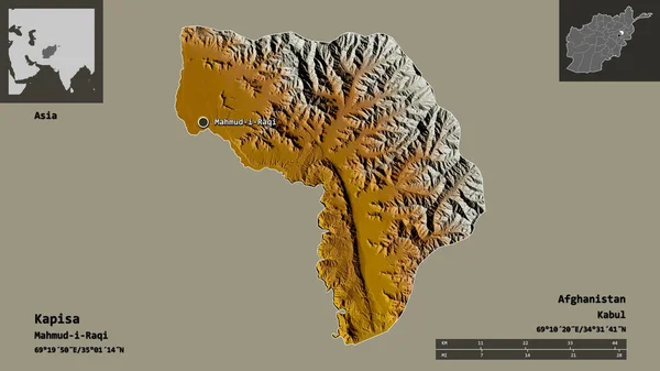 阿富汗卡比萨省的形状及其首都 距离刻度 预览和标签 地形浮雕图 3D渲染 — 图库照片