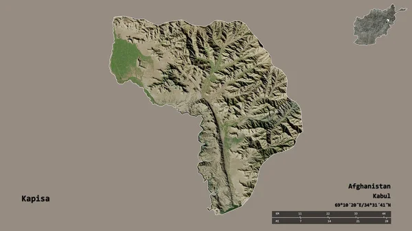 阿富汗卡比萨省的形状 其首都在坚实的背景下与世隔绝 距离尺度 区域预览和标签 卫星图像 3D渲染 — 图库照片
