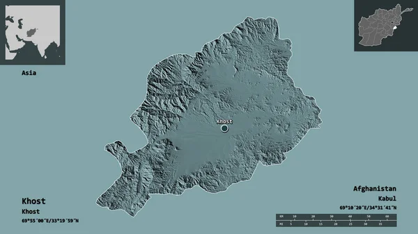 阿富汗省霍斯特的形状及其首都 距离刻度 预览和标签 彩色高程图 3D渲染 — 图库照片