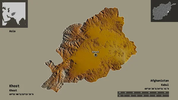 阿富汗省霍斯特的形状及其首都 距离刻度 预览和标签 地形浮雕图 3D渲染 — 图库照片